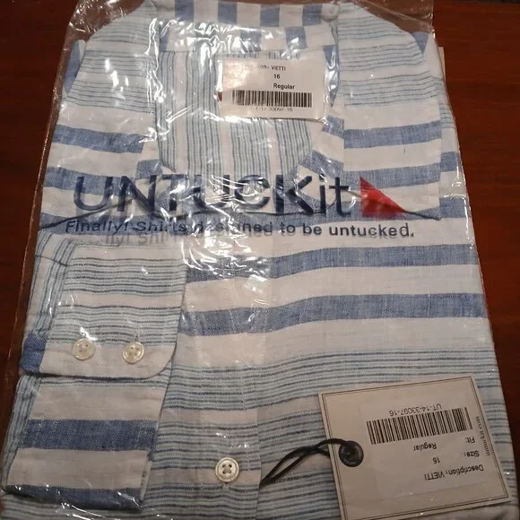 Untuckit Vietti Women's Long sleeve Linen Button Up Blue White Stripe  S… - Picture 10 of 11